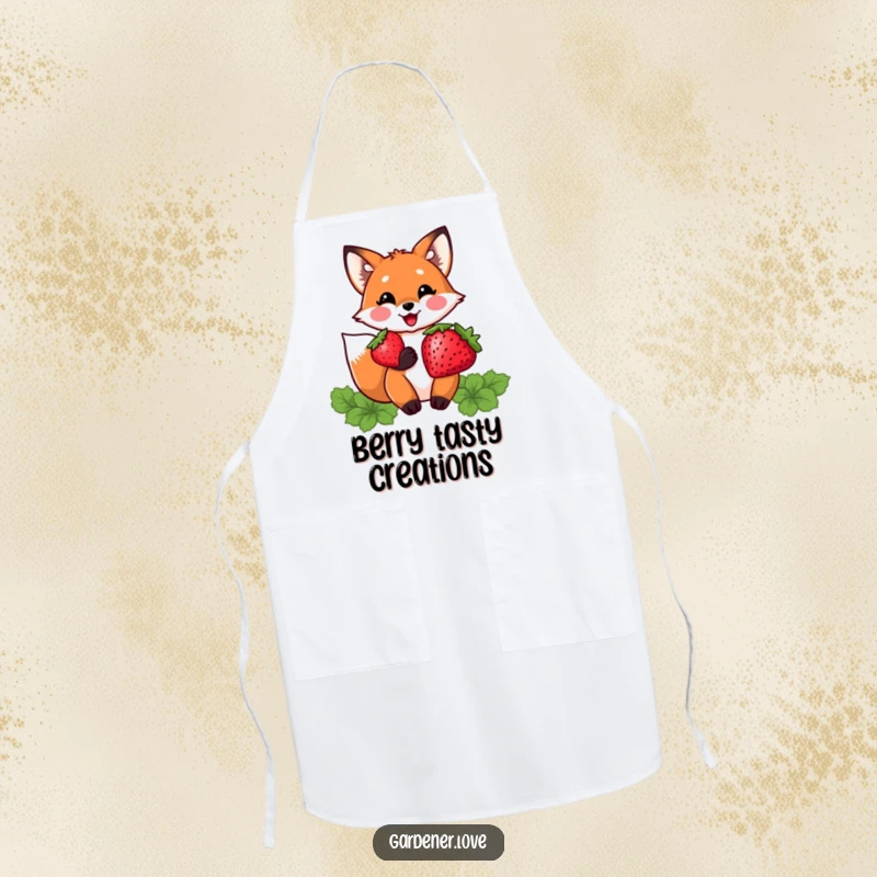 Funny apron with a delighted Kawaii fox character proudly holding a plump strawberry, perfect for kitchen tasks and baking.