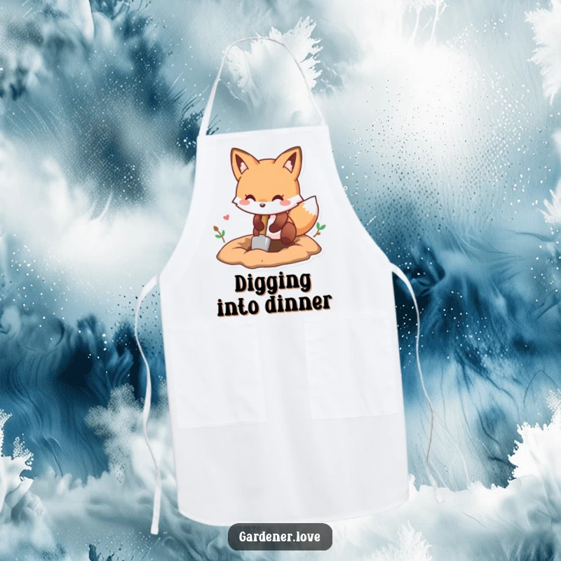 Funny Kawaii fox digging a hole with a small shovel, durable kitchen apron.