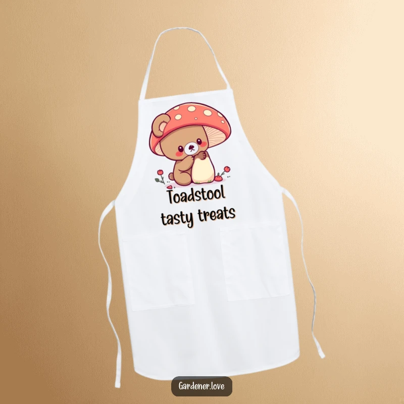 Funny Kawaii bear examining a large, colorful mushroom, practical kitchen apron.