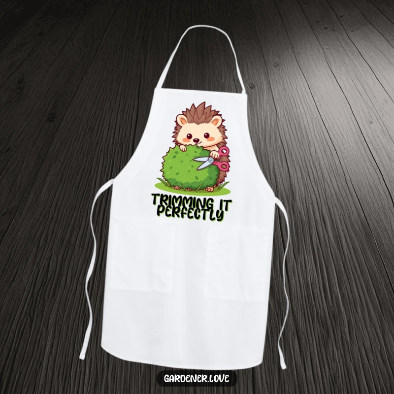 Funny Kawaii hedgehog trimming a bush with tiny shears, practical kitchen apron.