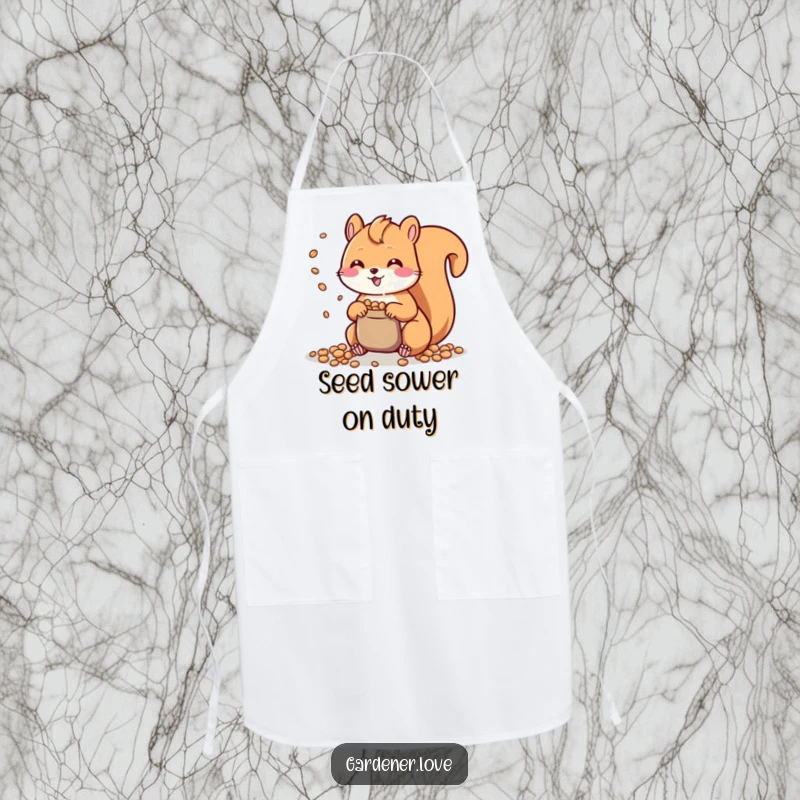 Funny Kawaii Squirrel Apron: A delightful kitchen apron with a happy Kawaii squirrel illustration, scattering seeds to add charm to cooking.