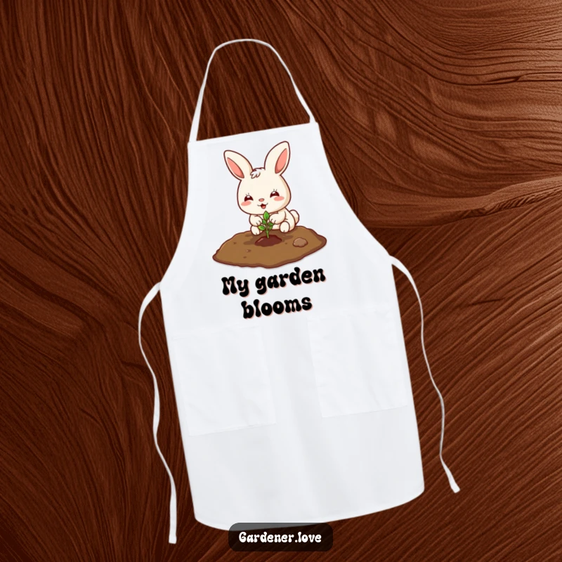 Funny Kawaii bunny planting a tiny seedling in the soil, durable kitchen apron.