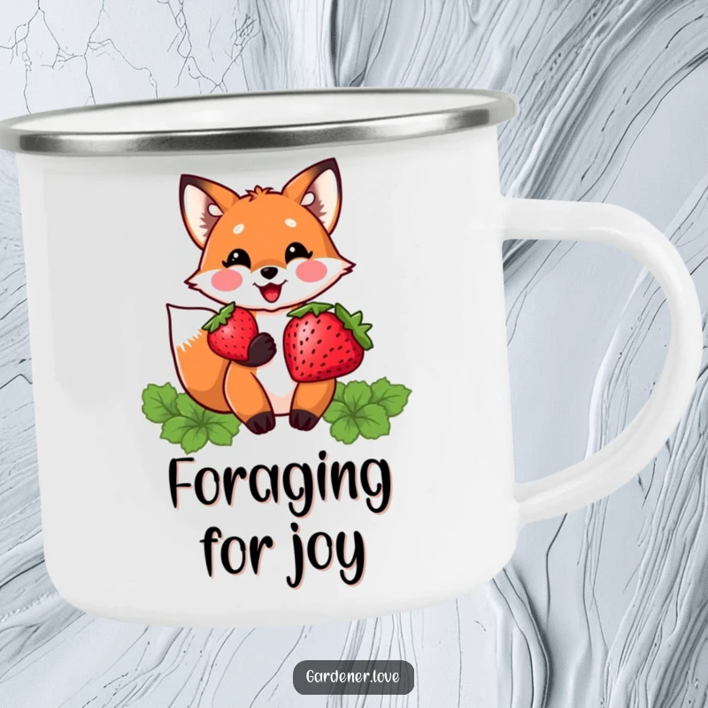 Funny camping mug featuring a delighted Kawaii fox character proudly holding a plump strawberry, perfect for outdoor berry lovers.