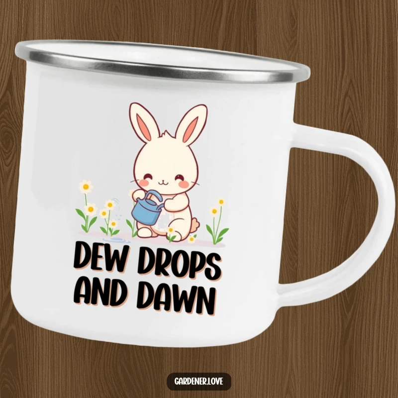 Funny camping mug featuring a happy Kawaii rabbit watering smiling flowers, perfect for outdoor enthusiasts who love gardening.