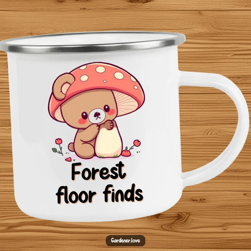 Funny Kawaii bear examining a large, colorful mushroom, enamel camping mug.