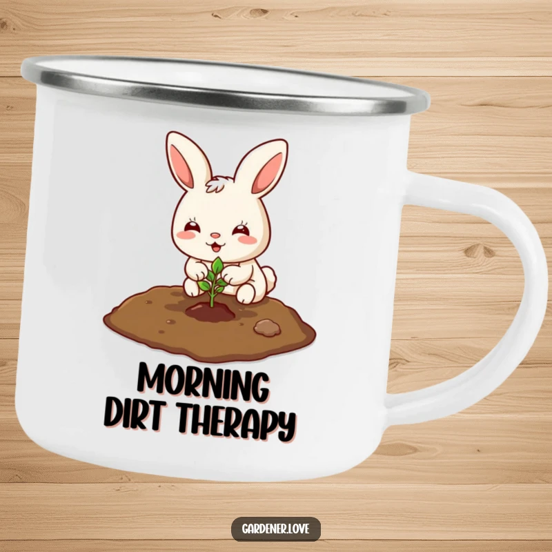 Funny Kawaii bunny planting a tiny seedling in the soil, enamel camping mug.