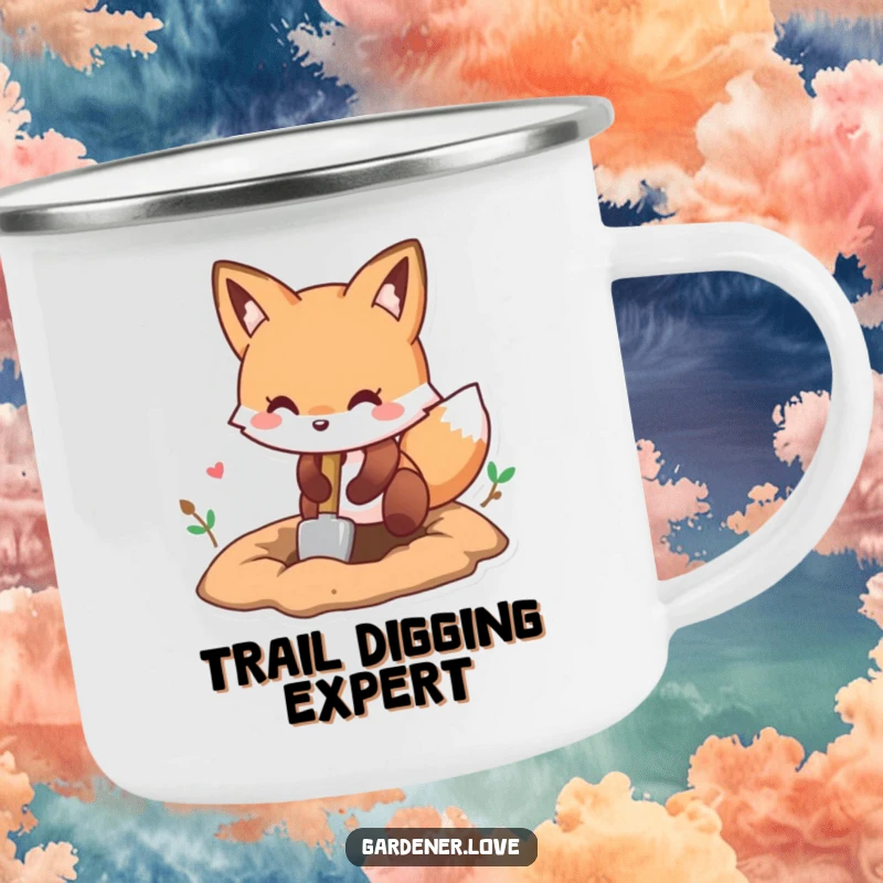 Funny Kawaii fox digging a hole with a small shovel, enamel camping mug.