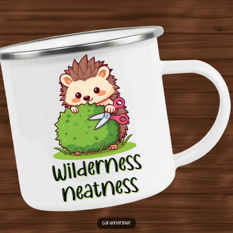 Funny Kawaii hedgehog trimming a bush with tiny shears, durable enamel camping mug.