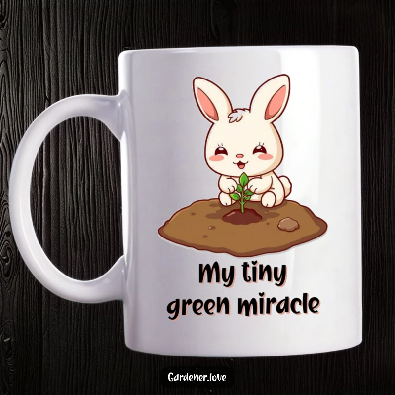 Funny Kawaii bunny planting a tiny seedling in the soil with a smile, perfect gardening gift.