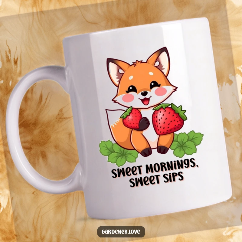 Funny mug featuring a delighted Kawaii fox character proudly holding a plump, freshly harvested strawberry, radiating happiness.