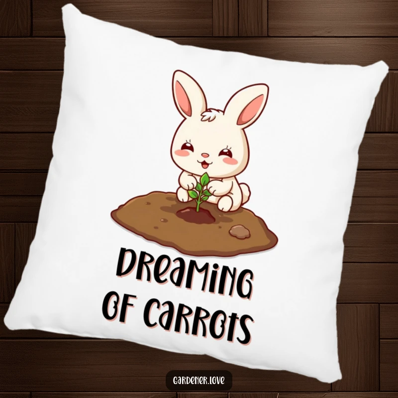 Funny Kawaii bunny planting a tiny seedling in the soil, soft decorative pillow.