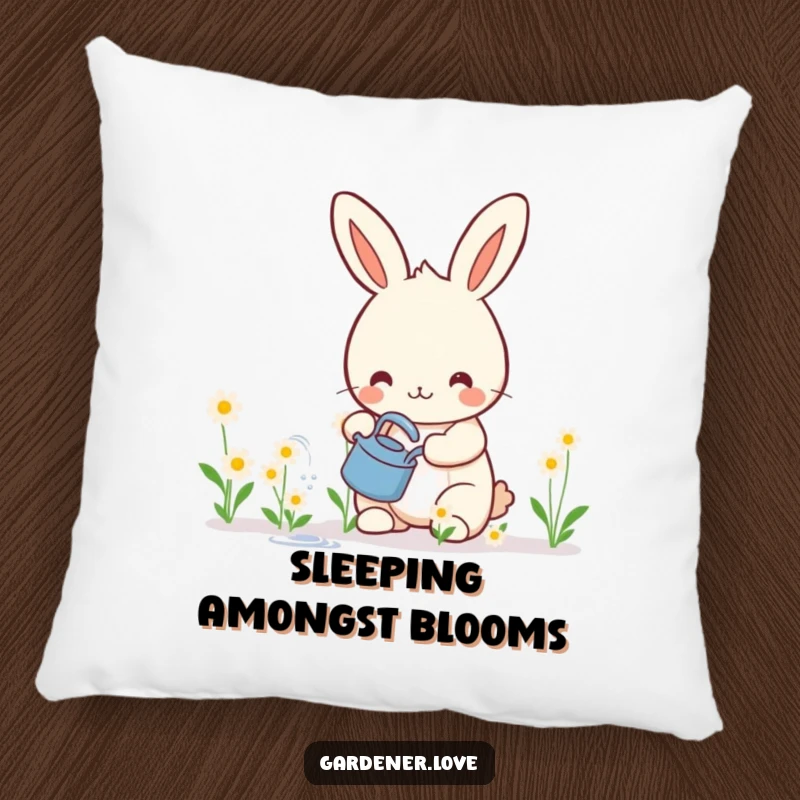 Funny pillow featuring a happy Kawaii rabbit joyfully watering tiny, smiling flowers, adding a touch of garden whimsy.