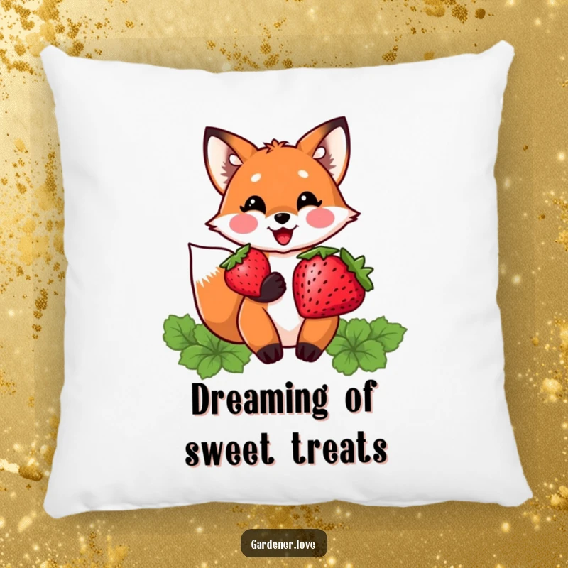 Funny pillow featuring a delighted Kawaii fox character proudly holding a plump strawberry, adding a touch of sweet charm.