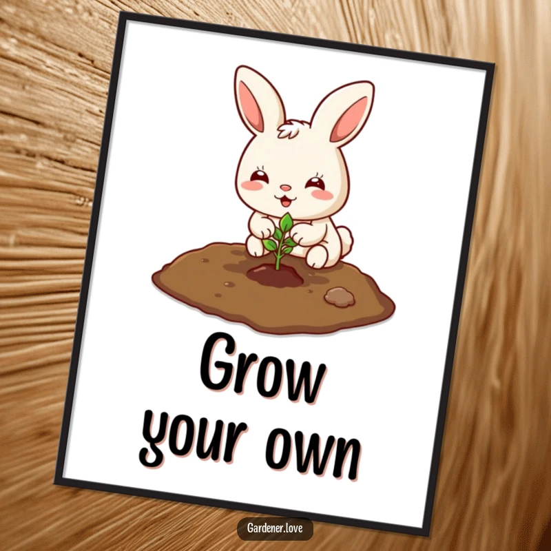 Funny Kawaii bunny planting a tiny seedling in the soil, downloadable art print.