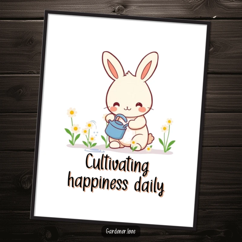 Funny digital art print of a happy Kawaii rabbit joyfully watering a row of tiny, smiling flowers, perfect for garden-themed decor.