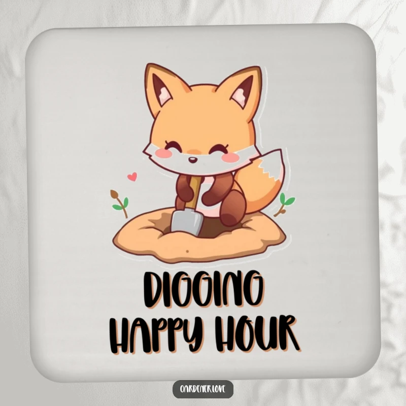 Funny Kawaii fox digging a hole with a small shovel, protective drink coasters.