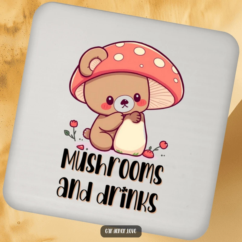 Funny Kawaii bear examining a large, colorful mushroom, protective drink coasters.