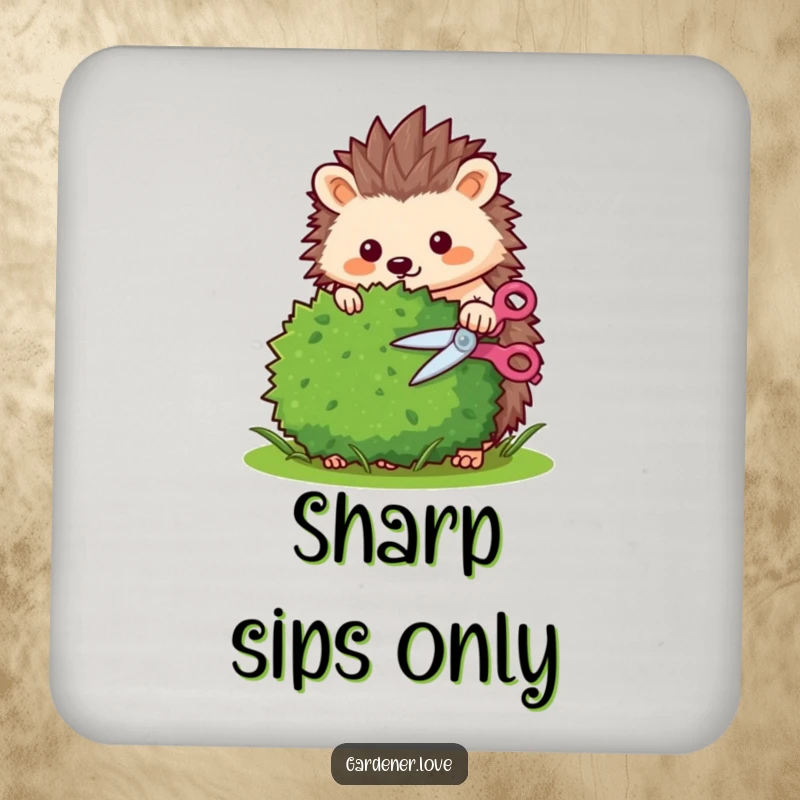 Funny Kawaii hedgehog trimming a bush with tiny shears, protective drink coasters.
