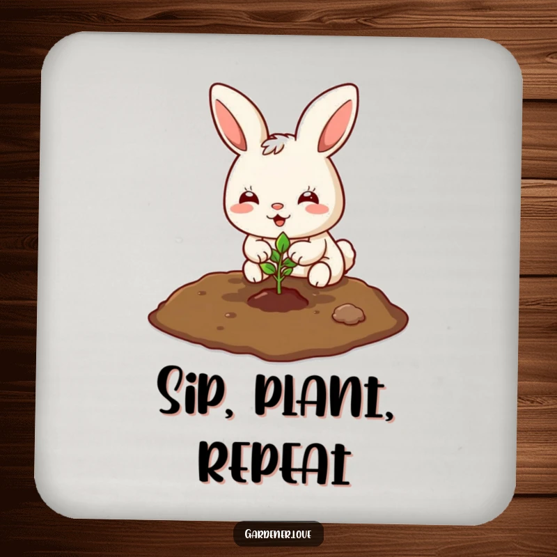 Funny Kawaii bunny planting a tiny seedling in the soil, protective drink coaster.