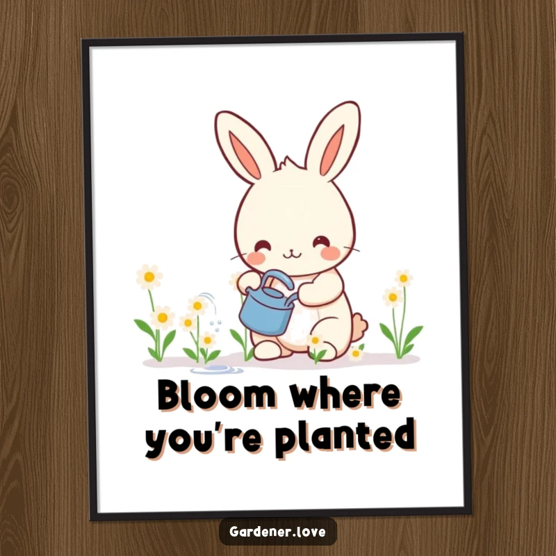 Funny poster print of a happy Kawaii rabbit character joyfully watering a row of tiny, smiling flowers, perfect for garden-themed decor.