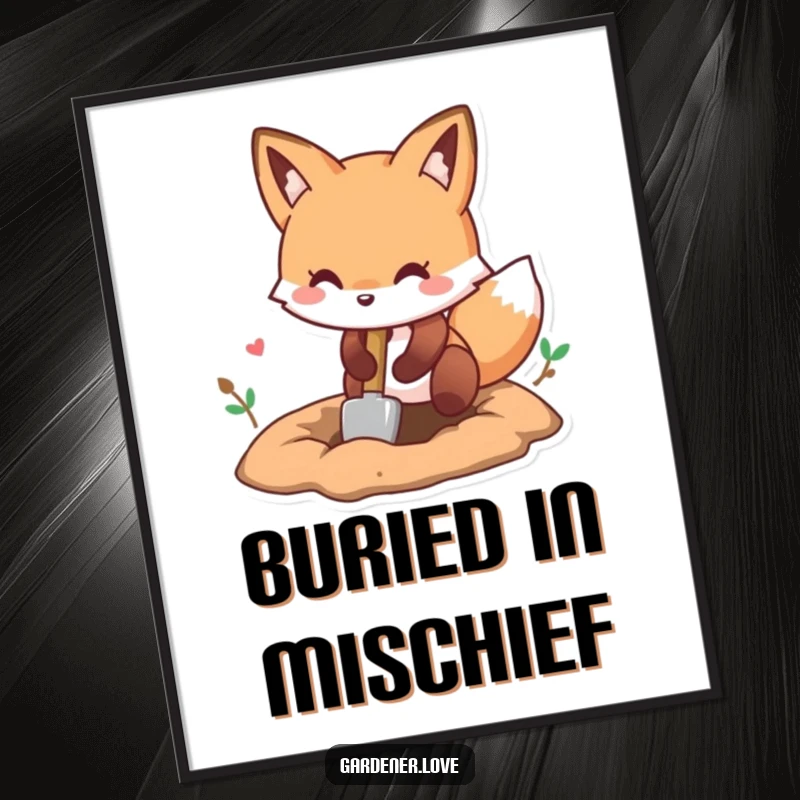 Funny Kawaii fox digging a hole with a small shovel, playful garden art.