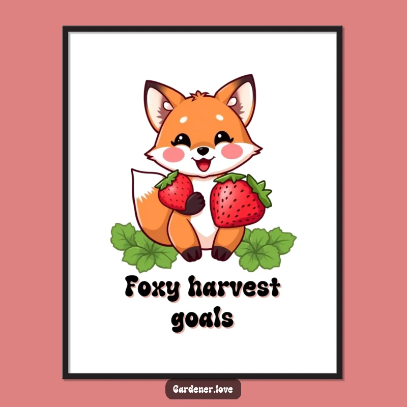 Funny Kawaii Fox Strawberry Poster, Whimsical Harvest Art Gift