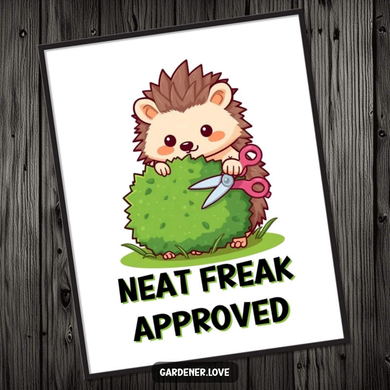 Funny Kawaii hedgehog trimming a bush with tiny shears, whimsical garden art.