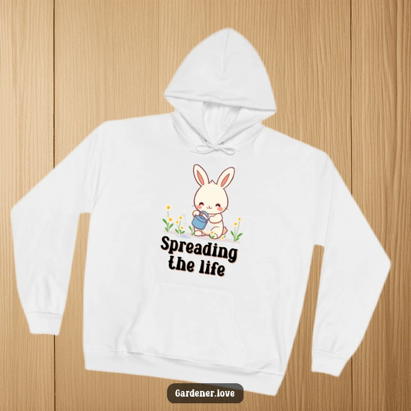 Funny hoodie featuring a cheerful Kawaii rabbit happily tending to tiny, smiling flowers, radiating warmth and garden delight.