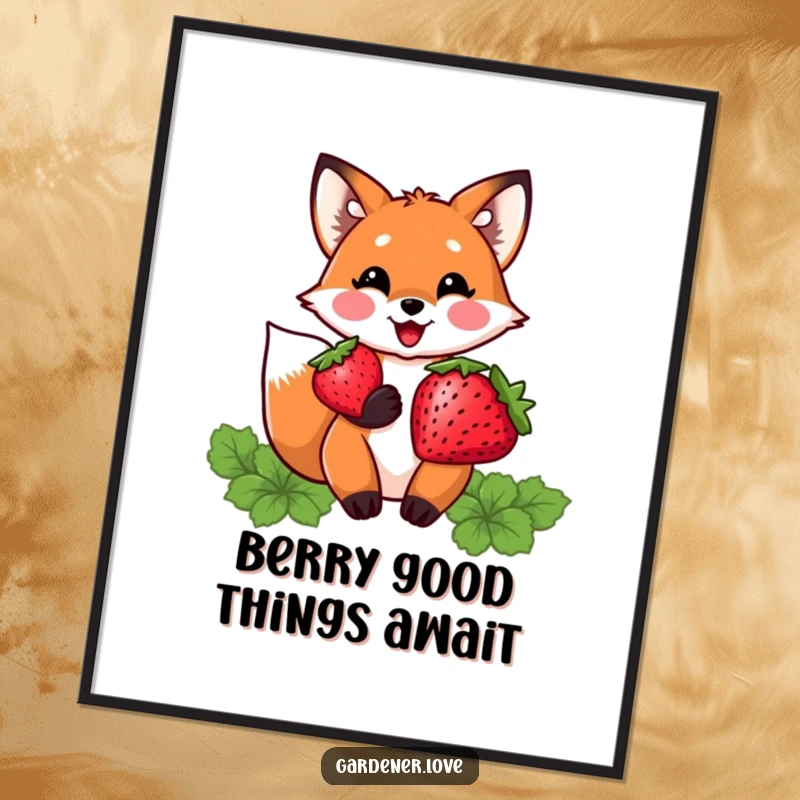 Funny Free Printable Wall Art: A delighted Kawaii fox proudly holding a large, freshly harvested plump strawberry.