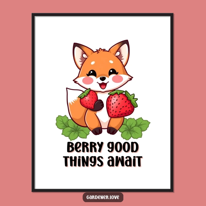 Funny Free Printable Wall Art: Kawaii Fox Strawberry, Sweet Decor Downloadable Art