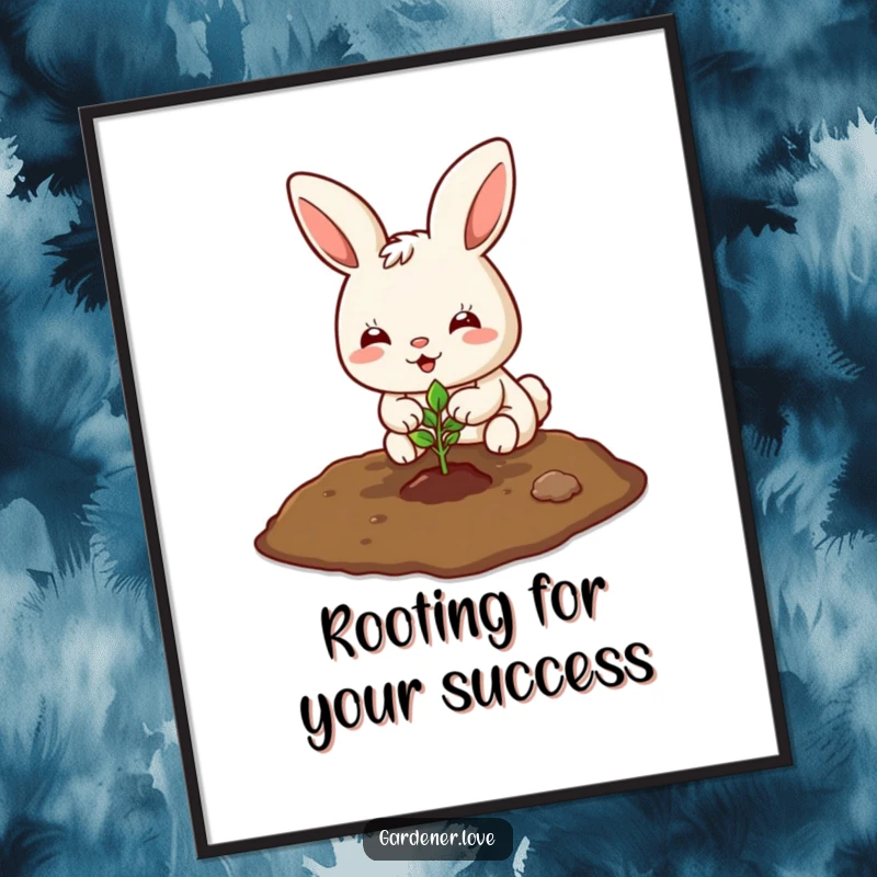 Funny Free Printable Wall Art: Adorable Kawaii bunny happily planting a tiny seedling, perfect for whimsical room decor.