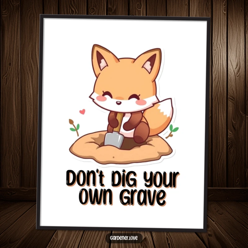 Funny Free Printable Wall Art: Playful Kawaii fox digging a hole with a small shovel, adding whimsical fun to decor.