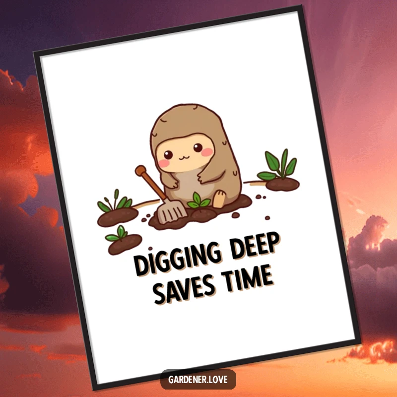 Funny Free Printable Wall Art: A busy Kawaii mole enthusiastically digging a small garden bed, full of earthy determination.