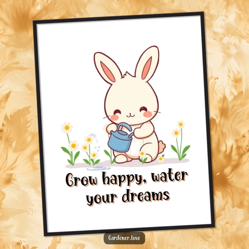 Funny Free Printable Wall Art: A happy Kawaii rabbit watering a row of tiny, smiling flowers, radiating cheerfulness.