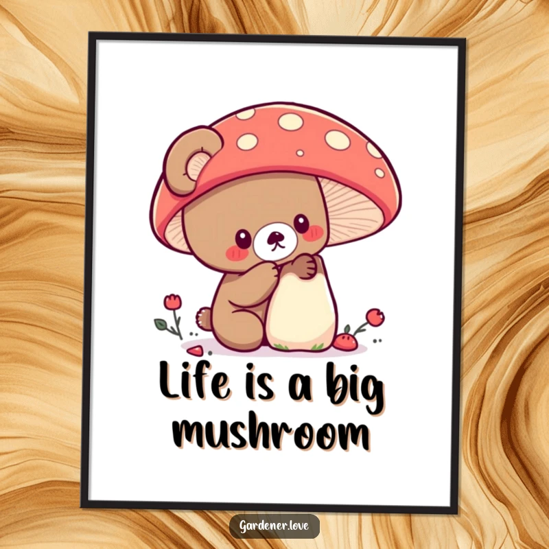 Funny Free Printable Wall Art: Curious Kawaii bear examining a large, colorful mushroom, creating an enchanted forest vibe.