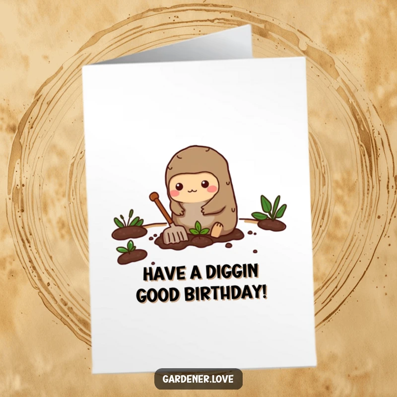 Funny Free Printable Birthday Card: A busy Kawaii mole enthusiastically digging in soil, preparing a garden bed.