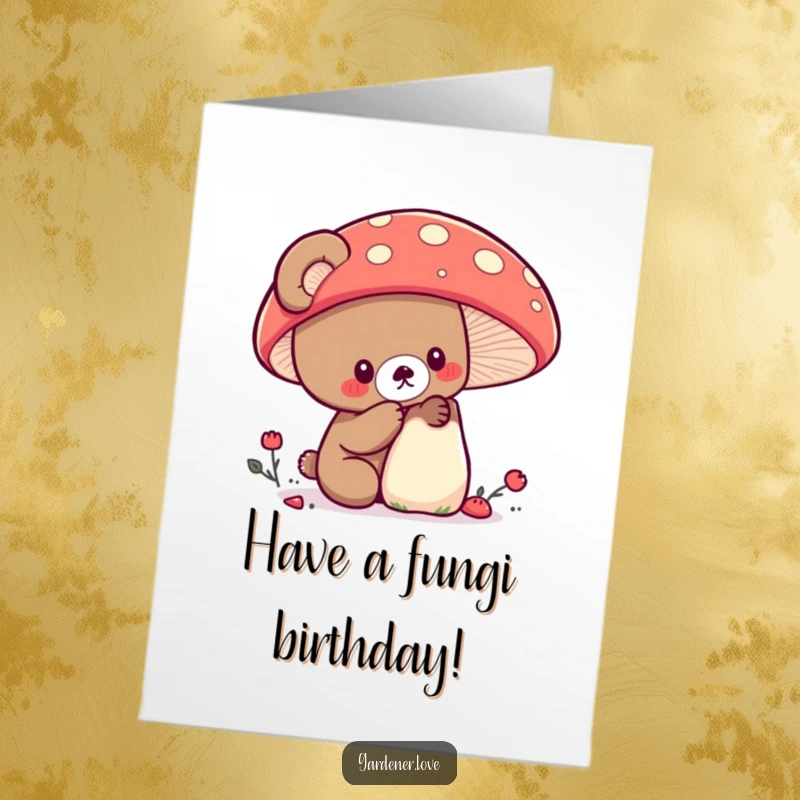 Funny Free Printable Birthday Card: Curious Kawaii bear examining a colorful mushroom, celebrating a magical birthday.
