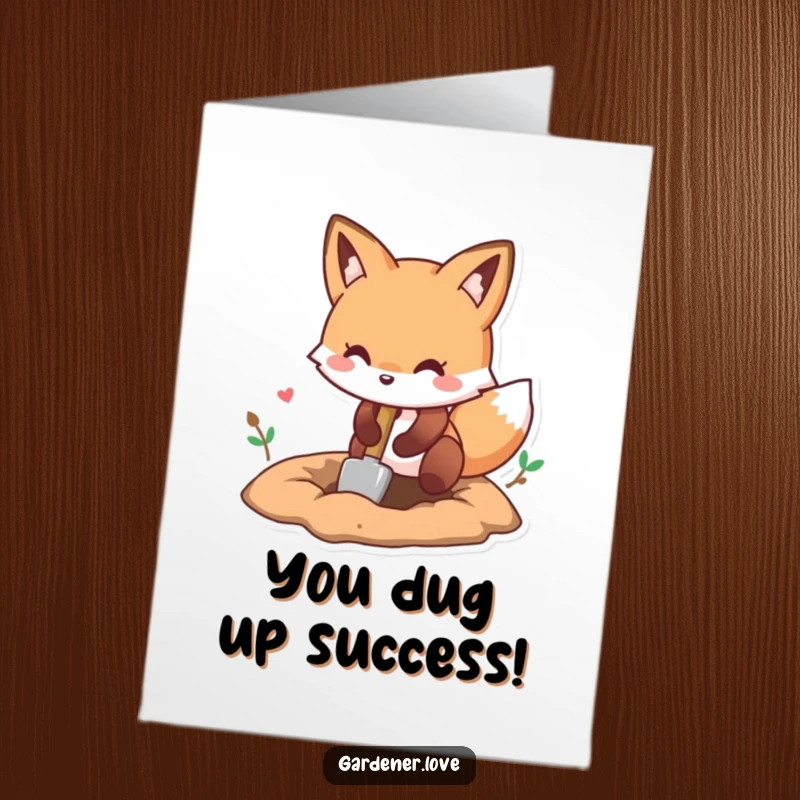 Funny Free Printable Congrats Card: Playful Kawaii fox digging a hole, symbolizing unearthed success and congratulations.