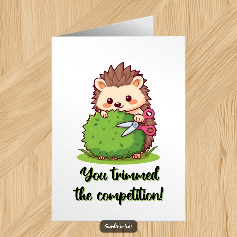 Funny Free Printable Congrats Card: Diligent Kawaii hedgehog trimming a bush, symbolizing neat success and congratulations.