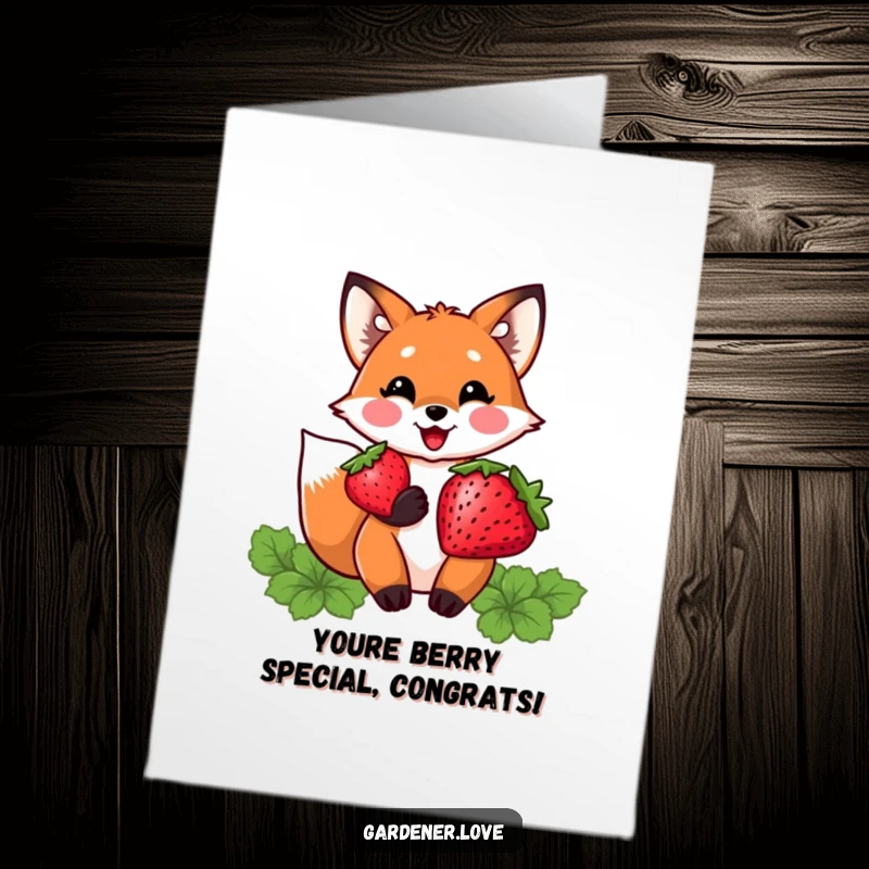 Funny Free Printable Congratulations Card: A happy Kawaii fox proudly showcasing a ripe strawberry, celebrating a sweet win.