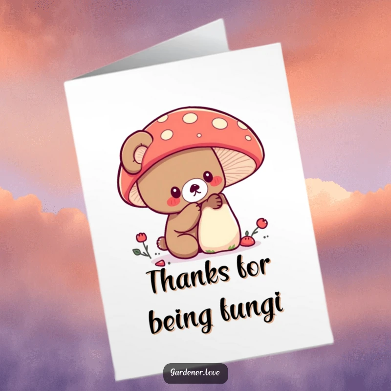 Funny Free Printable Thank You Card: Curious Kawaii bear examining a colorful mushroom, expressing wonder and thanks.