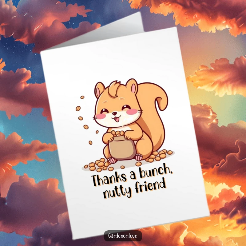 Funny Free Printable thank you card with a happy Kawaii squirrel scattering seeds, perfect for showing gratitude.