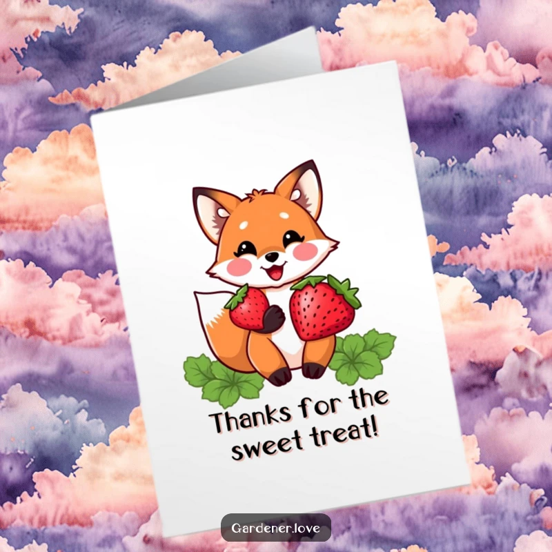 Funny Free Printable Thank You Card: A Kawaii fox holding a plump strawberry, conveying heartfelt thanks with a smile.