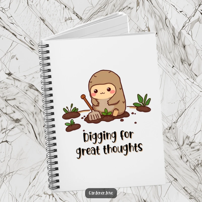 Funny notebook featuring a busy Kawaii mole character enthusiastically digging a small garden bed, inspiring garden planning and notes.