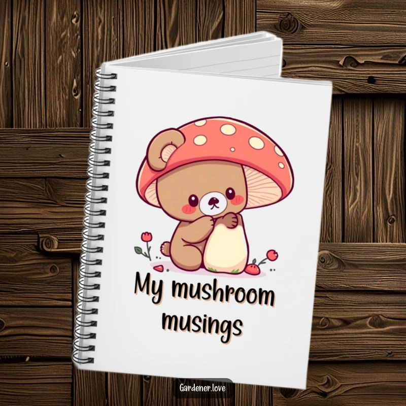 Funny Kawaii bear examining a large, colorful mushroom, nature journal.