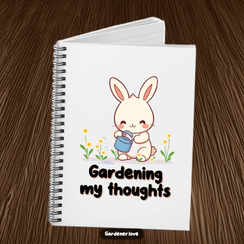 Funny notebook featuring a happy Kawaii rabbit watering tiny, smiling flowers, inspiring note-taking and gardening ideas.