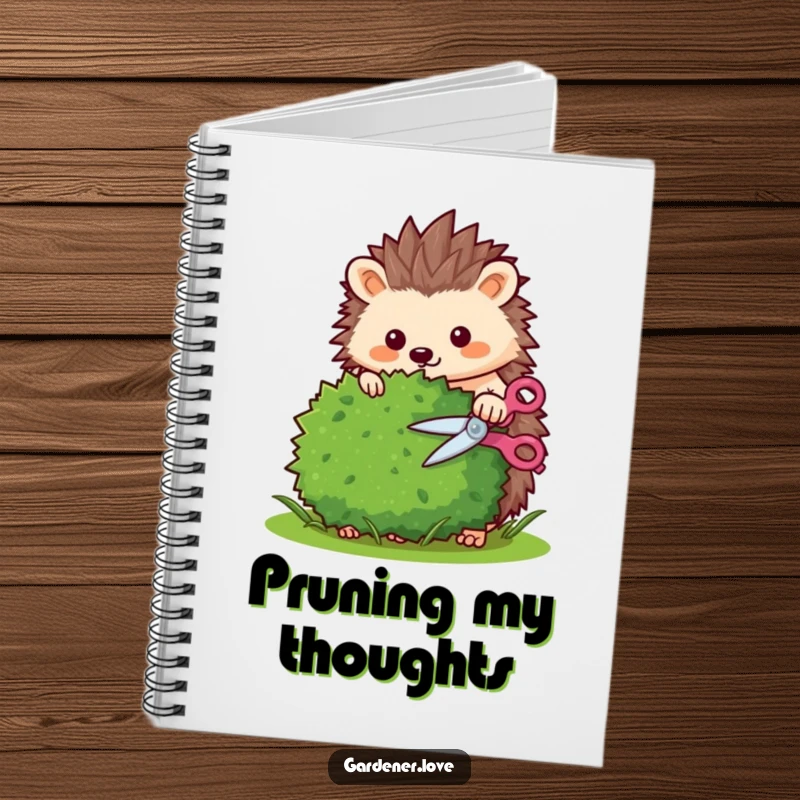 Funny Kawaii hedgehog trimming a bush with tiny shears, organized notebook.