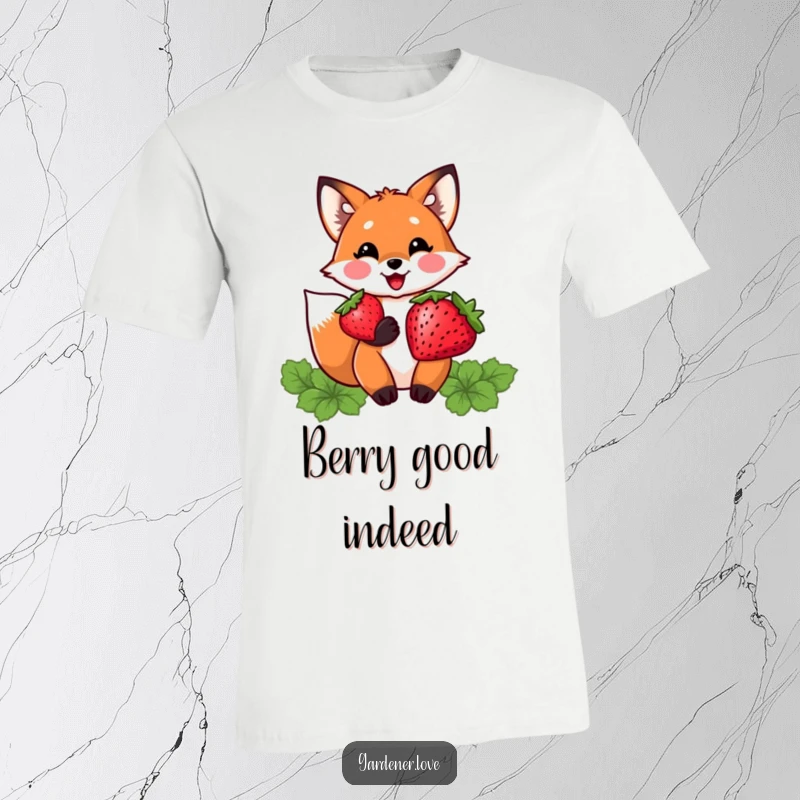 Funny t-shirt with a delighted Kawaii fox character proudly holding a plump, ripe strawberry, showcasing a love for fresh fruit.