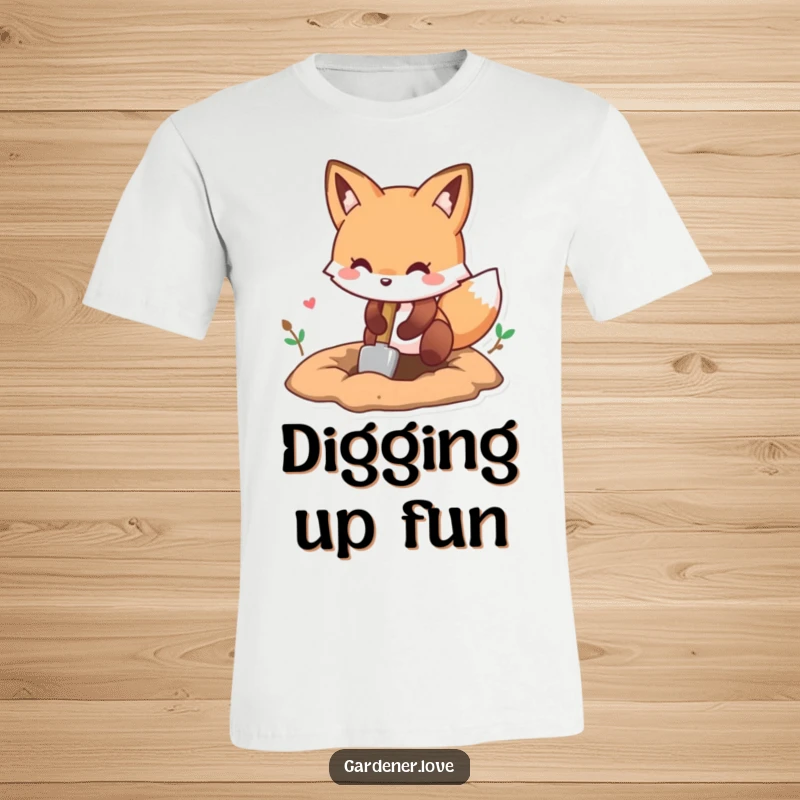 Funny Kawaii fox digging a hole with a small shovel, playful gardener t-shirt.