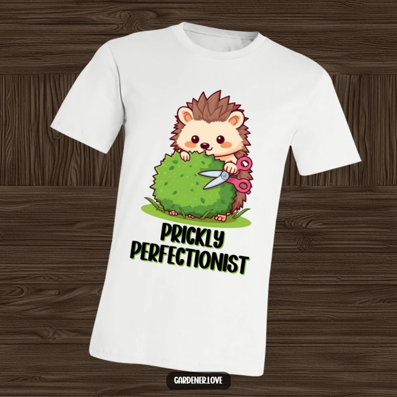 Funny Kawaii hedgehog trimming a bush with tiny shears, dedicated gardener t-shirt.